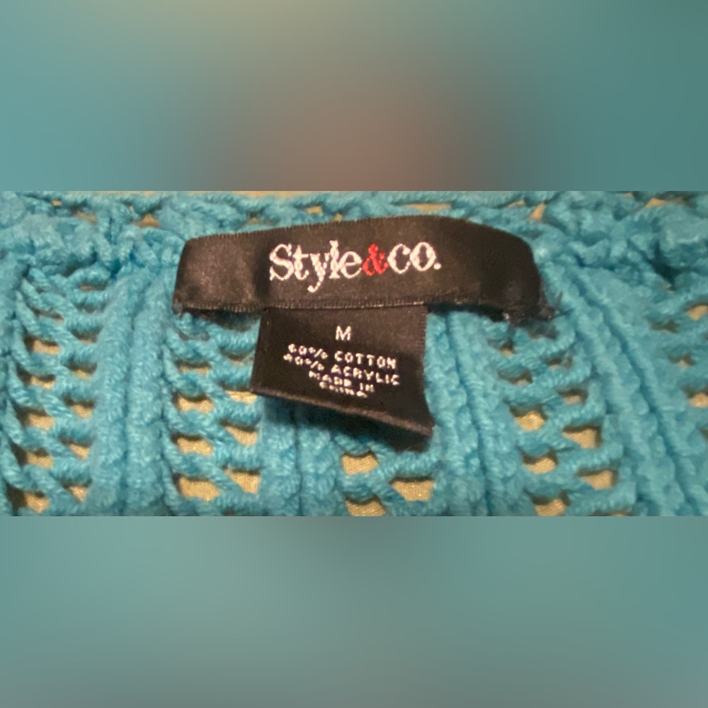 Women’s Style & Co. Dress Knit Cotton Sweater Blue Turquoise Medium snap Buttons - Picture 3 of 12